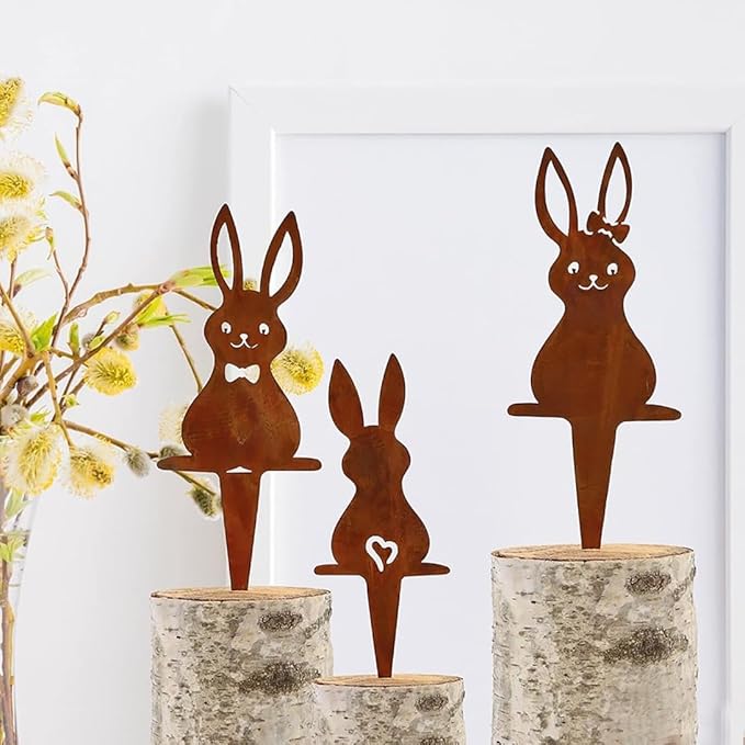 Rusty Rabbit Easter Iron Rabbit Silhouette Garden Plugin Metal Ornament Courtyard Decoration Unique Addition to Outdoor Space (B)