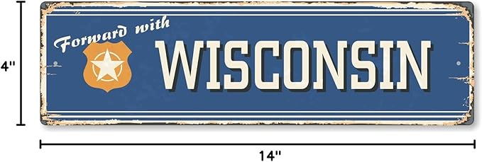 SmartSign 4 x 14 inch Forward With Wisconsin State Vintage Metal Sign, 40 mil Rustproof Aluminum with Clear Overcoat, Retro Wall Décor, Multicolor, Made in USA