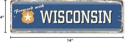 SmartSign 4 x 14 inch Forward With Wisconsin State Vintage Metal Sign, 40 mil Rustproof Aluminum with Clear Overcoat, Retro Wall Décor, Multicolor, Made in USA