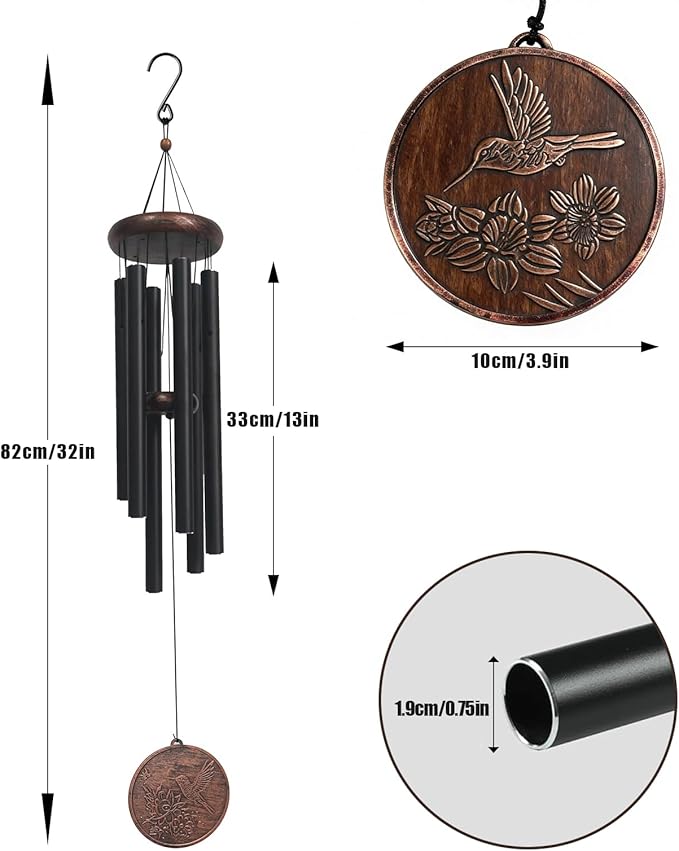 Large Hummingbird Wind Chimes for Outside - Wind Chimes for Loss of Loved One with 6 Aluminum Tubes Garden Patio Porch Decor Memorial Gifts for Grandma Mom Women (34" Hummingbird)