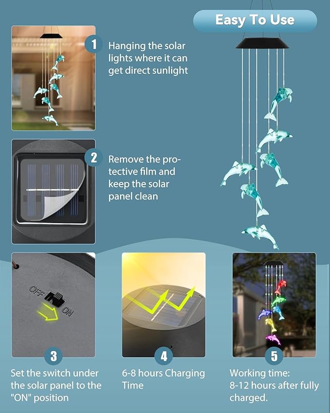 DOUBLEZHE Solar Wind Chime for Outside, Color Changing Dolphin Wind Chime Outdoor, Mom Gifts for Mothers Day Grandma Gift, Unique Garden Decor Colorful Patio Yard Party Decoration