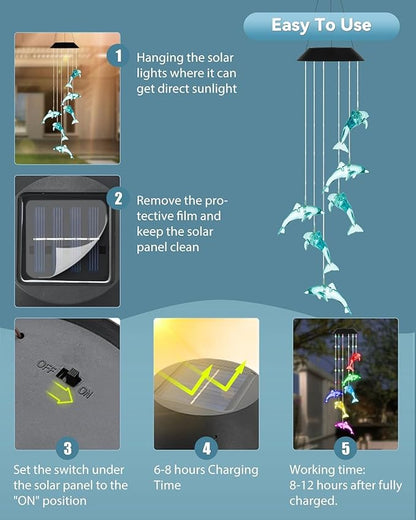 DOUBLEZHE Solar Wind Chime for Outside, Color Changing Dolphin Wind Chime Outdoor, Mom Gifts for Mothers Day Grandma Gift, Unique Garden Decor Colorful Patio Yard Party Decoration