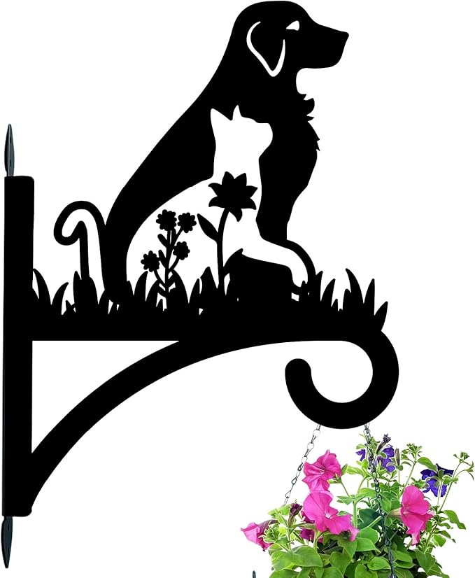 Dog Plant Hanger Bracket Iron Plant Brackets 10.6 x 13.9 Inch Black Flower Cat Dog Silhouette Indoor Outdoor Decorative Basket Wall Mounted Hanging Hooks for Porch Garden Wind Chime Lantern