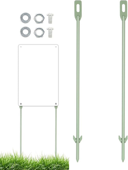 2 Pack Yard Sign Stakes Metal, 16.5" Long 0.3" Thick, Plant Support Stakes for Indoor & Outdoor Plants, Sign Poles Stakes, Tent Stakes for Outdoor Camping, Easy to Install - Green
