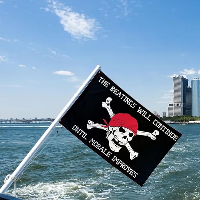 Pirtae Skull Boat Flag 12X18Inch, Quote The Beatings Will Be Continue Until Morale Improves Flags, Double-Sided Printed, Funny Meme Flags, Men Women Banner, Fade Proof Vivid Color, Double Stitched with 2 Brass Grommets, Bar Garden Street Decoration, GY...
