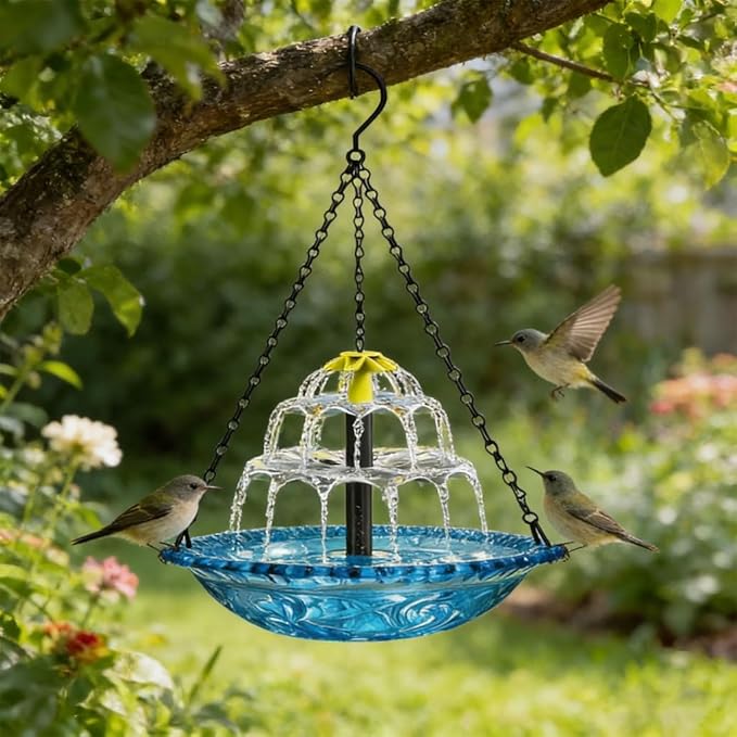 Solar Hanging Bird Bath Fountain - 9 Spray Heads,10FT Cord, 9.3" Blue Bowl with 16'' Metal Chain, Solar Powered Cascading Bubbler for Outdoor Deck, Patio, Yard, Lawn, Attracts Hummingbirds