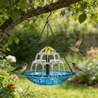 Solar Hanging Bird Bath Fountain - 9 Spray Heads,10FT Cord, 9.3" Blue Bowl with 16'' Metal Chain, Solar Powered Cascading Bubbler for Outdoor Deck, Patio, Yard, Lawn, Attracts Hummingbirds