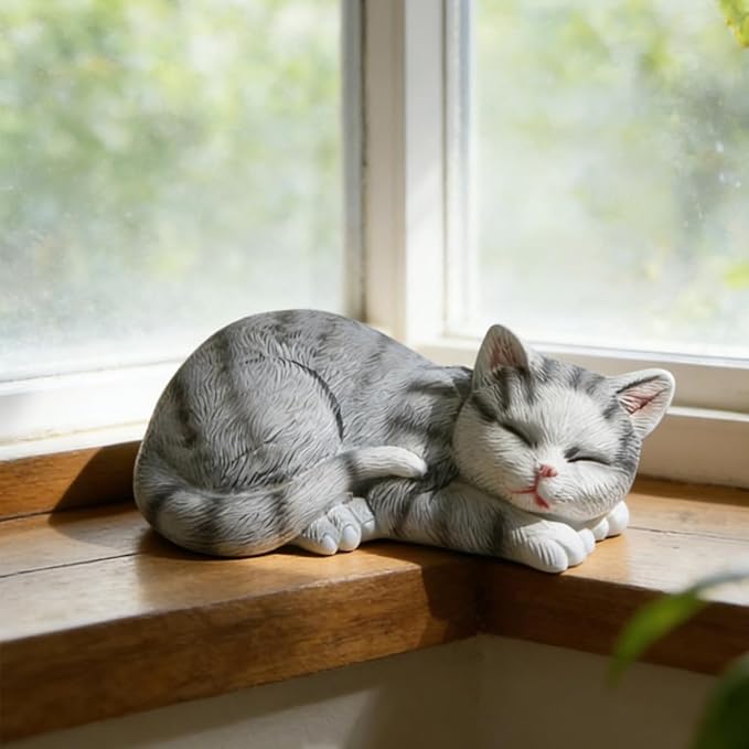 Garden Outdoor Decor Cats Statue, Sleeping Cat Figurines Garden Statues & Sculpture Decor for Patio, Porch and Lawn, Cat Memorial Stone Gifts for Lover and Womens Grey