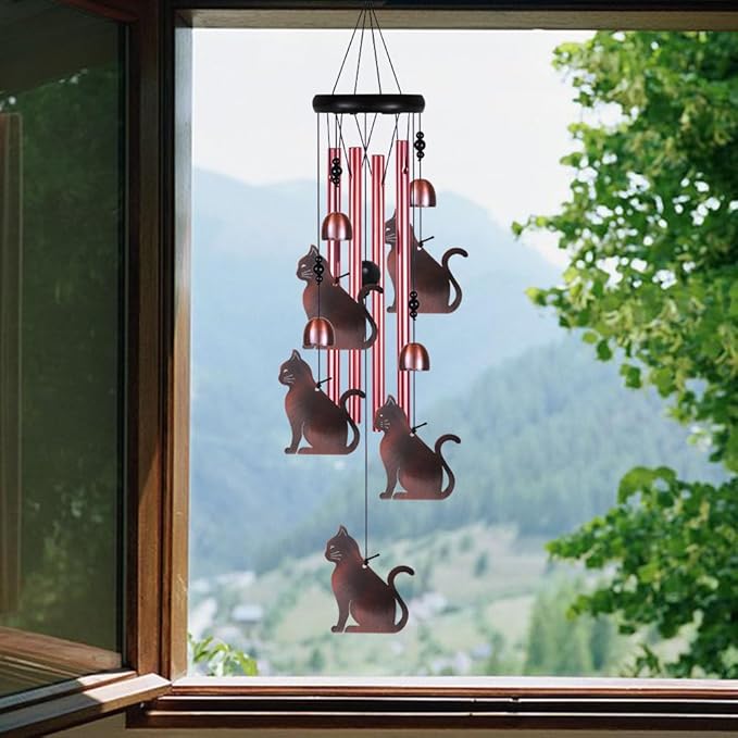 Outdoor Cats Wind Chimes Indoor Decor - Hand-Made Mobile Romantic Windcatcher, Cat Chimes, 28" Cats Wind Chimes for Home, Balcony, Tree, Patio, Garden Decoration, Gift for Mom(4 Tubes, 5 Cats)