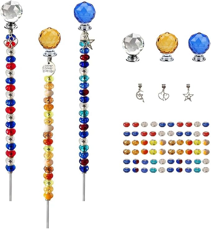 72Pcs Fairy Wand Beaded Garden Stakes Kit, Decorative Garden Stakes Beadable Items Fairy Garden Kit for Different Festivals Fairy Garden Accessories Outdoor, Ball-(Orange+Blue+Whit)