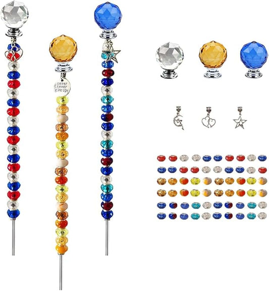 72Pcs Fairy Wand Beaded Garden Stakes Kit, Decorative Garden Stakes Beadable Items Fairy Garden Kit for Different Festivals Fairy Garden Accessories Outdoor, Ball-(Orange+Blue+Whit)