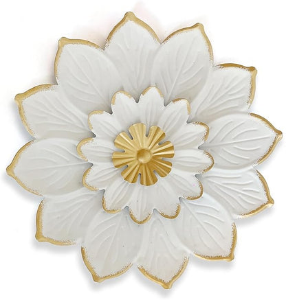 LIFFY 9.2“ White and Gold Metal Flower Wall Art, Modern Rustic Floral Decor for Indoor Living Room Bedroom Office Outdoor Garden Patio Yard