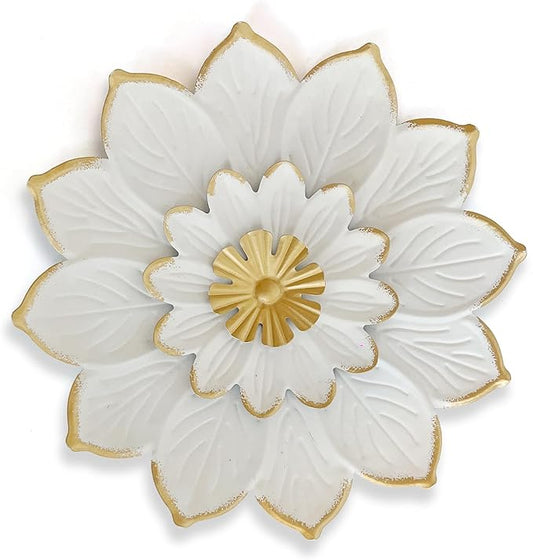 LIFFY 9.2“ White and Gold Metal Flower Wall Art, Modern Rustic Floral Decor for Indoor Living Room Bedroom Office Outdoor Garden Patio Yard