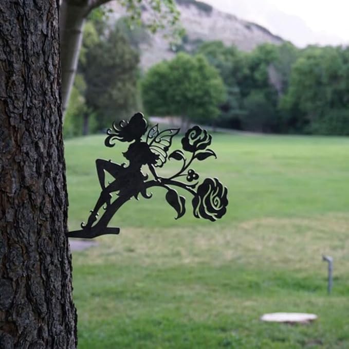 Iron Art Fairy on Branch Steel Silhouette Metal Wall Art Home Garden Yard Patio Outdoor Statue Stake Decoration