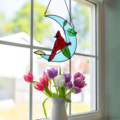 Cardinal Birds Decor Stained Glass Suncatcher,Red Cardinal Memorial Gifts for Mother,Stained Glass Birds Window Hangings Moon Decor,Bird Gifts for Bird Lovers Women Grandma