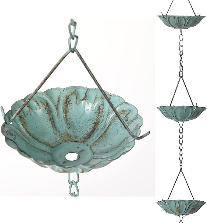 Jemeni 12-Cup Water Lily Rain Chain for Gutters 8.5ft, Green Patina Iron Easy-Install Gutter Chain Alternative, Outdoor Garden & Patio Decor