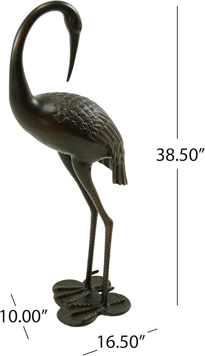 Metal Crane Garden Statue, Cast Aluminum Outdoor Crane Sculpture, Rust-Proof Metal Yard Art Bird Statue for Garden Lawn Patio, Shiny Copper Finish, Antique Bronze