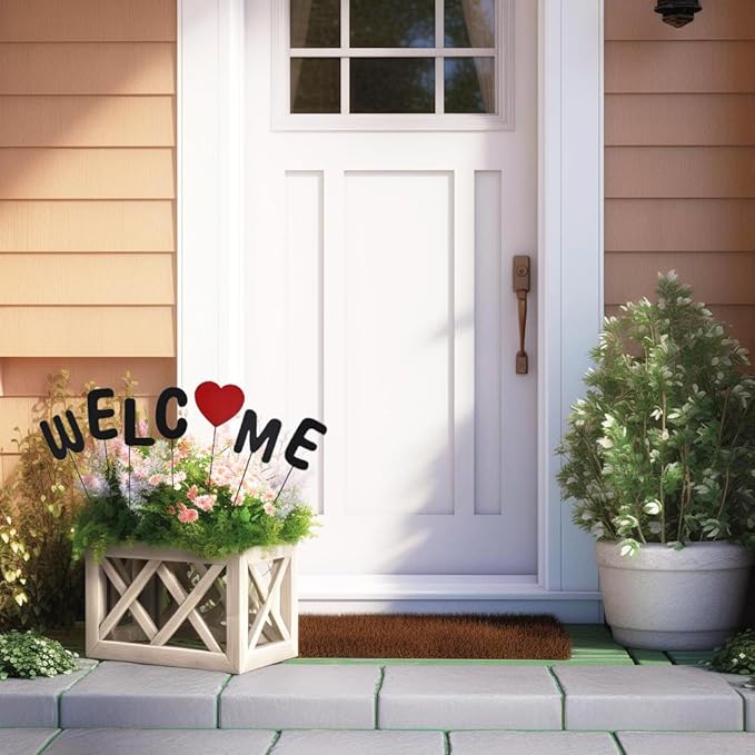 Metal Welcome Letter Yard Sign Garden Decor, Love Letter Word Yard Art Stake Metal Plant Pick Stick for Plant Pot Flower Bed Indoor Outdoor Patio Lawn Spring Decor (Love welcome)