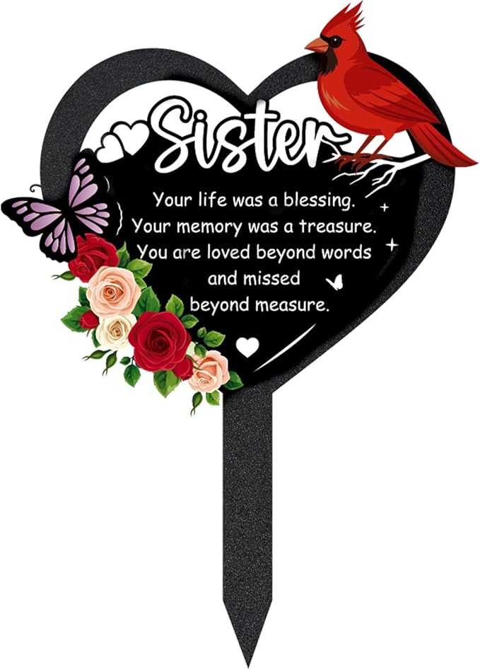 Grave Markers for Cemetery - Memorial Sister Metal Cardinals Grave Stakes Black Heart Remembrance Plaque Waterproof Flower Gravesite Decorations Outdoors Sympathy Gifts for Loss of Sisters