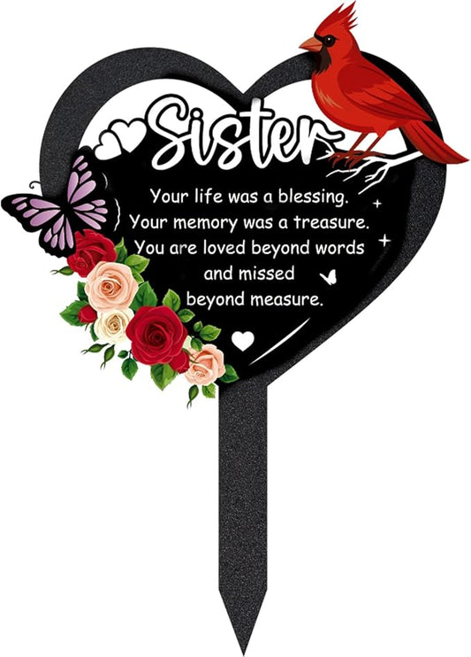 Grave Markers for Cemetery - Memorial Sister Metal Cardinals Grave Stakes Black Heart Remembrance Plaque Waterproof Flower Gravesite Decorations Outdoors Sympathy Gifts for Loss of Sisters