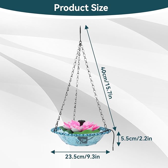 Hanging Bird Bath with Solar Fountain, Multi Functional Lotus Bird Bath Bubbler Birdbath Water Fountain Pump for Hummingbird Feeder Drinking