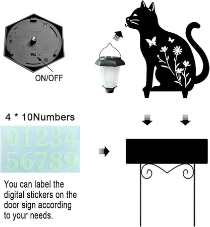 Solar Cat Garden Stakes Cat Holding Solar Lantern Decor Stakes Animal Yard Decorative Stakes Yard Sign -Number