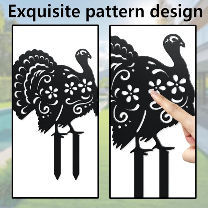 WADORN Turkey Decorative Silhouette Garden Stakes, Metal Turkey Animals Stakes Statues Ornaments Lovers Gifts Yard Art Black Silhouette Yard Outside Decor for Backyard Patio, 8.27x12.2 Inch