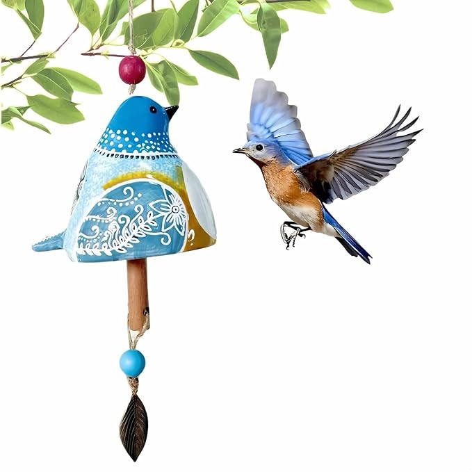Cute Ceramic Wind Chimes for Outside and Indoor, Memorial Windchime with Soothing Melodic Tones, Gifts for Mom, Garden Patio Balcony Home Decor Hanging Windchimes (Single Bird-Blue)