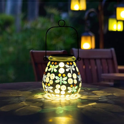 Stargarden Mosaic Solar Lanterns Outdoor Waterproof, Dragonfly Lanterns Decorative Outdoor, Glass Hanging Solar Lights Table Lamp for Yard, Garden Decor