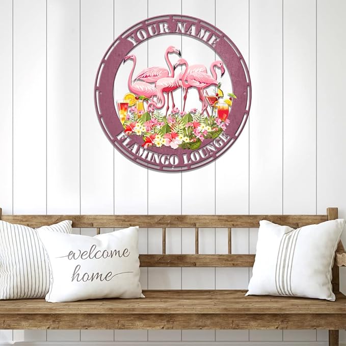 MeMate Flamingo Metal Sign, Outdoor Décor for Backyard, Patio, Pool, Kitchen, Lounge, Personalized Name Outdoor Sign, Pink Metal Sign Housewarming Gift for Family Friend