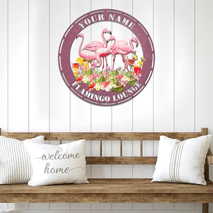 MeMate Flamingo Metal Sign, Outdoor Décor for Backyard, Patio, Pool, Kitchen, Lounge, Personalized Name Outdoor Sign, Pink Metal Sign Housewarming Gift for Family Friend