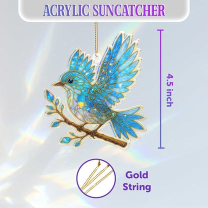 Blue Bird Stained Glass Ornament Acrylic Window Hanging Suncatcher – Bird Lover Gifts, Wildlife Animal Decor for Christmas Tree, Rearview Mirror, Garden, Home Accessories, Unique Gifts for WomenSun-17