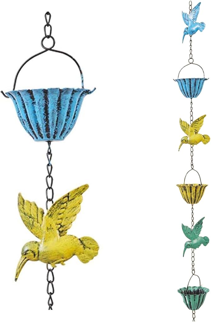 Rain Chains for Gutters, 7.87Ft Hummingbird and Cup Rain Chains for Gutters, Adjustable Rain Chimes for Outside Replacement Downspout for Gutters Eaves Drainage, Green
