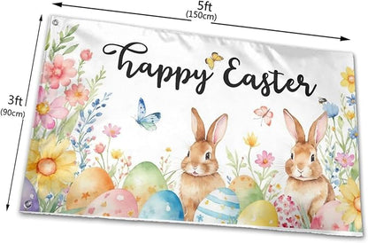 Happy Easter Flag with Bunnies and Eggs, 3x5 FT, Polyester with Metal Grommets, Spring Floral Butterfly Design, Double Sided, Indoor Outdoor Decoration
