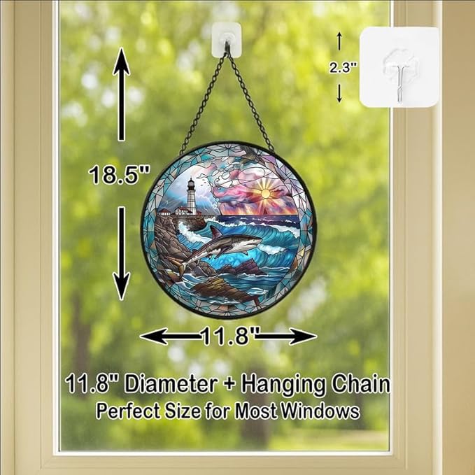 Stained Glass Window Hanging - Sunset Ocean Whale Sun Catchers Indoor Stained Glass Panels Wall Decor for Mom Wife Lovers Festive