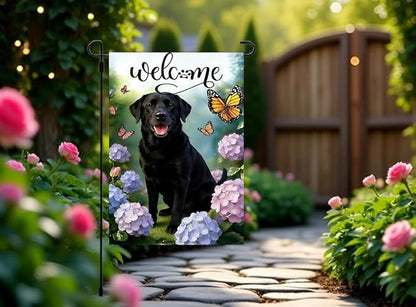 Welcome Spring Summer Garden Flags 2x18 Double Sided, Small Burlap Seasonal Farmhouse Rustic Black Lab Labrador Dog Garden Flag Spring Summer Decoration Outdoor Yard Lawn Porch Flags for Outside Décor