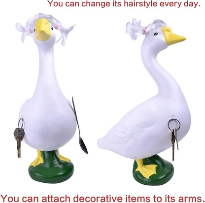 19" Resin Cement Porch Goose Statue with magenetic Wig for Free New Home Gift for Outdoor Decorative Figurine for Garden, Patio, or Entryway Accent (21" Statue with Wig)