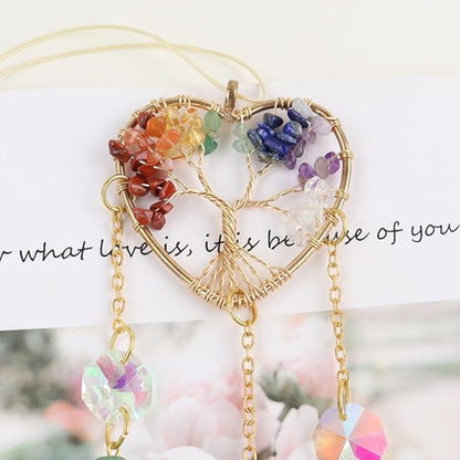 Crystal Sun Catcher, Heart 7 Chakra Tree of Life Crystal Suncatcher Hanging for Indoor Window, Dream Catchers for Car, Spiritual, Rainbow Maker