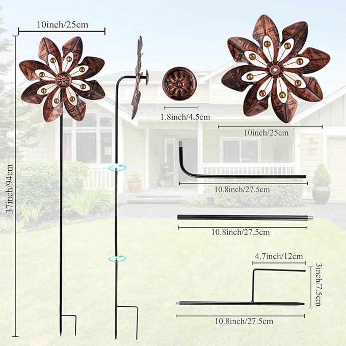 VEWOGARDEN 2 Pack Wind Spinners Outdoor, Metal Wind Spinner with Flower Design for Yard Garden Lawn Decorations, Antique Bronze