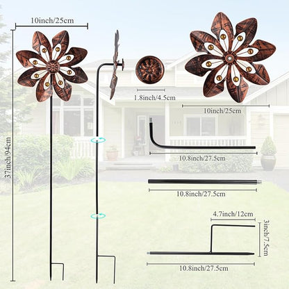 VEWOGARDEN 2 Pack Wind Spinners Outdoor, Metal Wind Spinner with Flower Design for Yard Garden Lawn Decorations, Antique Bronze