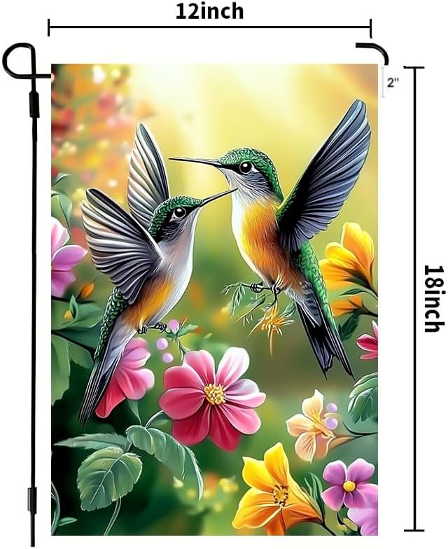 Spring Summer Hummingbird Garden Flag 12x18 Double Sided, Small Burlap Outdoor Flowers Seasonal Garden Flags Spring Summer Decorations for Outside Yard Lawn Porch Decor