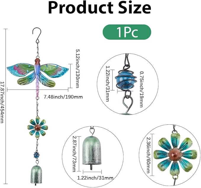 GORGECRAFT Dragonfly Wind Chime Green Metal Iron Waterproof Animal Dragonflies Flower Floral Decoration Glow Wind Catcher Chimes with Bell for Indoor Outdoor Home Garden Festival Party