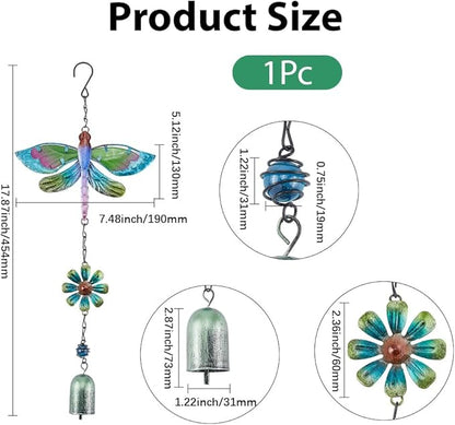 GORGECRAFT Dragonfly Wind Chime Green Metal Iron Waterproof Animal Dragonflies Flower Floral Decoration Glow Wind Catcher Chimes with Bell for Indoor Outdoor Home Garden Festival Party