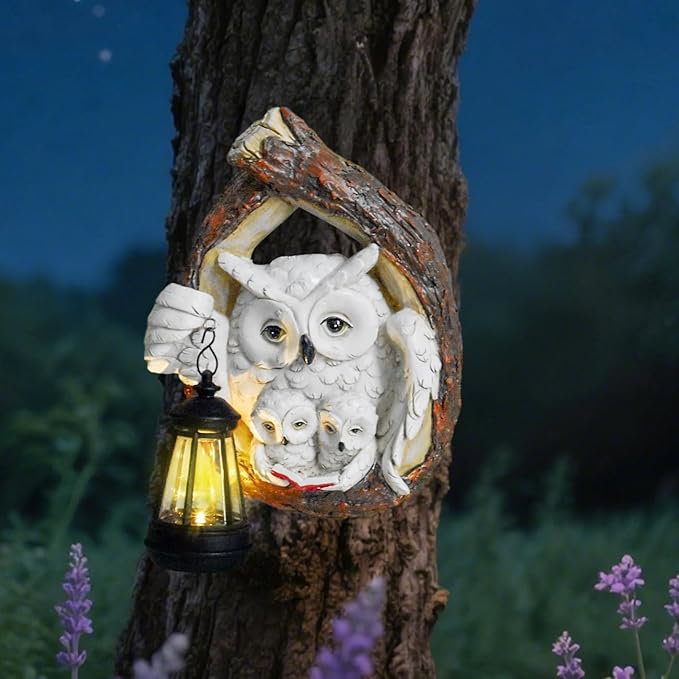 Solar Owl Family Reading a Book Wall Sculptures Outdoor Garden Decor Waterproof Resin Statue for Yard Patio Fence Tree Art Ornaments Home Decorations with Hanging LED