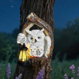 Solar Owl Family Reading a Book Wall Sculptures Outdoor Garden Decor Waterproof Resin Statue for Yard Patio Fence Tree Art Ornaments Home Decorations with Hanging LED
