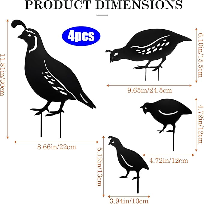 4Pcs Garden Birds Stake Statue, Metal Qualis Yard Art Statue Decor, Animals Silhouette Outdoor Decoration for Garden Yard
