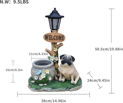20" Solar Bulldog Garden Statue with Welcome Sign & Planter - Large Dog Sculpture with LED Street Lantern - Weatherproof Resin Decorative Flower Pot for Porch, Yard & Patio - Pet Lover Gift