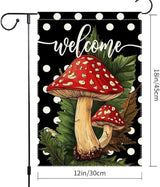 Welcome Spring Summer Garden Flag Polka Dots mushrooms Garen Flags 12x18 inch Double Sided Vertical Burlap Outdoor Lawn Patio Rustic Farmhouse Decor