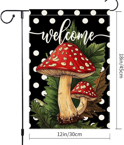 Welcome Spring Summer Garden Flag Polka Dots mushrooms Garen Flags 12x18 inch Double Sided Vertical Burlap Outdoor Lawn Patio Rustic Farmhouse Decor