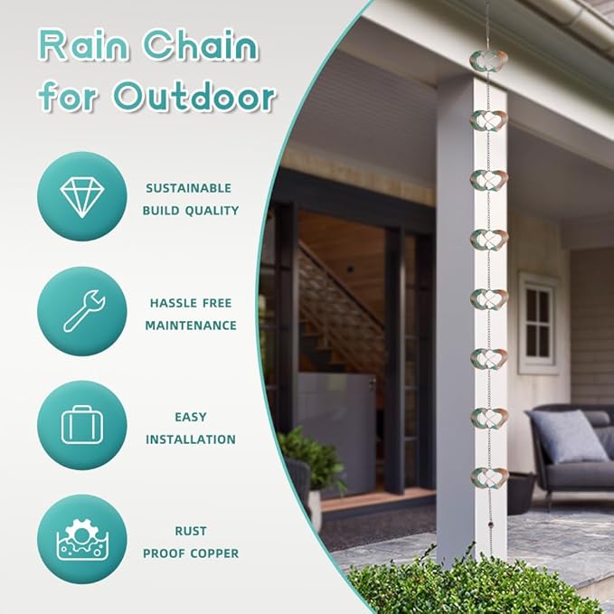 dreamysoul Rain Chains for Outside, 6.56 FT Length with 8 Spinners, Decorative Rain Chains for Gutters, Replacement for Downspout